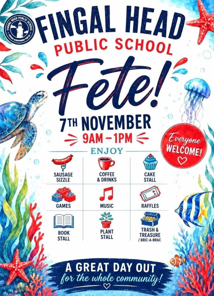 Fingal Head Public School Fete poster: 7 November, 9am to 1pm, everyone welcome